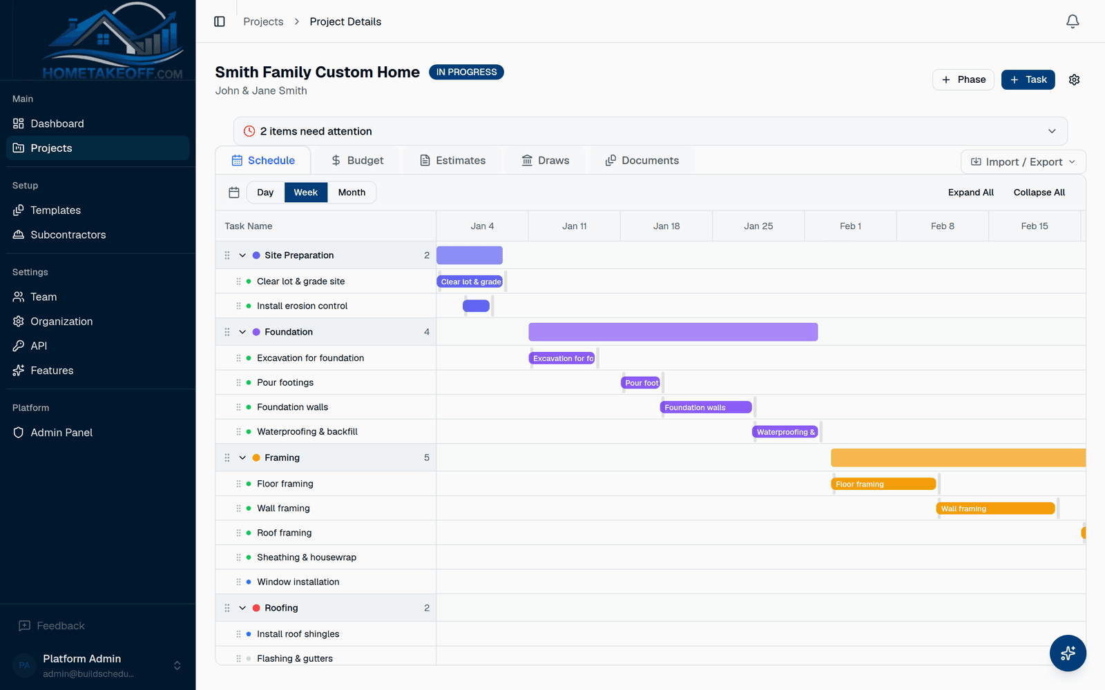 HomeTakeOff Gantt chart showing a custom home build broken into phases and tasks